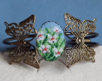 Embroidered Butterfly Daisy Bracelet: Floral Cotton Cuff, Bronze Jewelry