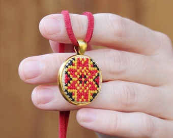 Ukrainian Embroidered Star Pendant, Red Black Bohemian Necklace