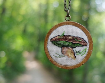 Embroidered Mushroom Pendant: Hand-stitched Woodland Necklace