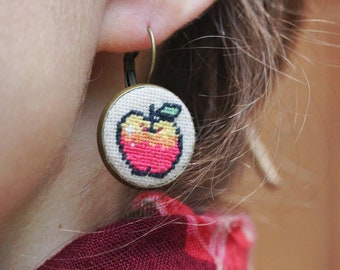 Embroidered Apple Earrings: Hand-stitched Petite Point, Bronze Dangles