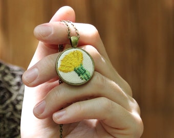 Embroidered Dandelion Necklace, Cotton Flower Pendant, Boho Jewelry