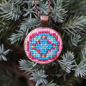 Colorful Ukrainian pendant Cross stitch necklace Embroidered jewelry Ornament multicolour jewelry Folk lover gift Hand embroidery pendant image 2