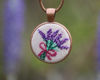Lavender Embroidered Necklace: Floral Botanical Pendant, Copper Tone