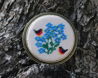 Forget-Me-Not Embroidered Brooch: Bullfinch Bird Jewelry