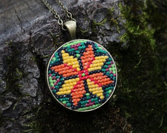 Hand Embroidered Ukrainian Pendant: Ethnic Star Necklace