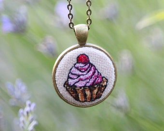 Embroidered Cupcake Pendant: Hand Embroidery Food Jewelry