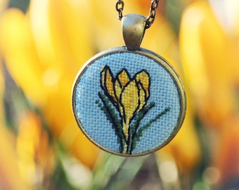 Embroidered Crocus Necklace: Petit Point Flower Pendant, Gardener Gift