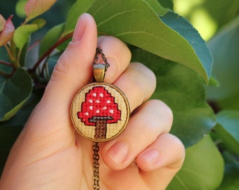 Hand Embroidered Amanita Mushroom Pendant: Cross Stitch Necklace