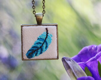 Embroidered Feather Necklace: Blue Turquoise Pendant, Bohemian Jewelry