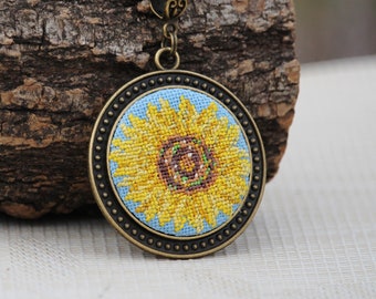 Hand Embroidered Sunflower Necklace: Boho Floral Jewelry
