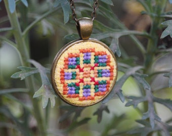 Ukrainian textile ethnic pendant Cross stitch necklace Embroidered jewelry Mix colors jewelry Flower lover gift Hand embroidery Folk pendant