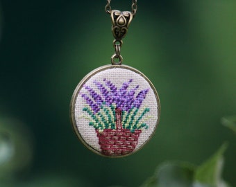 Embroidered Lavender Pendant Necklace: Provence Floral Jewelry