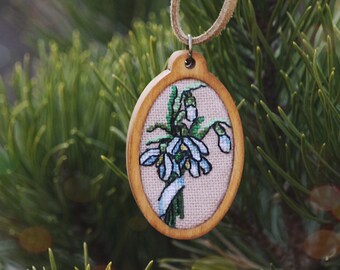 Embroidered Snowdrop Flower Necklace, Petite Point Floral Pendant