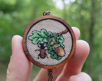 Embroidered Acorn Beetle Necklace: Petit Point Oak Leaf Pendant