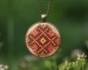 Ukrainian Cross Stitch Pendant: Embroidered Boho Necklace, Folk Jewelry