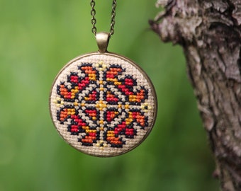 Ukrainian cross stitch necklace Ethnic mix colors embroidery necklace Orange yellow red black jewelry Hand embroidery Bohemian folk necklace