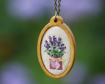 Lavender Embroidered Necklace: Wooden Fabric Pendant, Provence Jewelry