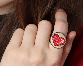 Hand Embroidered Red Heart Ring - Adjustable Bronze Ring