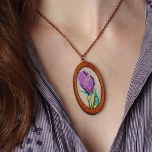 Crocus purple jewelry Wooden embroidery pendant Spring flower necklace Embroidered necklace Saffron violet jewelry Gift for gardener florist