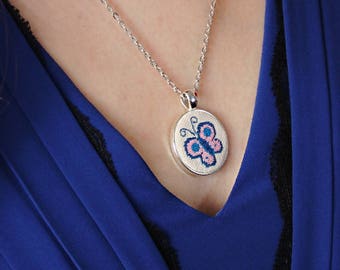 Pink blue butterfly necklace, Cross stitch pendant, Pink butterfly pendant, Embroidered necklace, Butterfly lover gift, Cute gift for teen