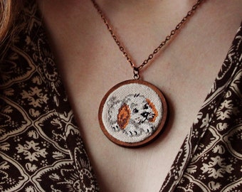Embroidered Puppy Pendant Necklace: Petit Point Dog Lover Gift