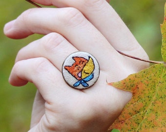 Embroidered Red Fox Ring: Adjustable Bronze Animal Jewelry