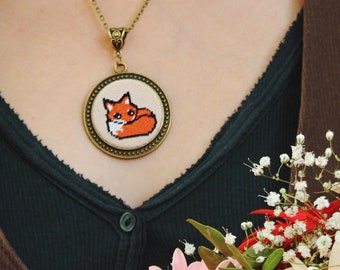 Red Fox Necklace: Hand Embroidered Petit Point Pendant