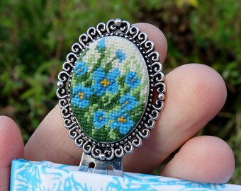 Embroidered Forget-Me-Not Bookmark: Rustic Floral Metal Bookmark