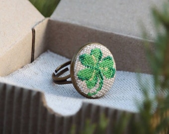 Shamrock Embroidery Ring: Green Clover, Irish Jewelry