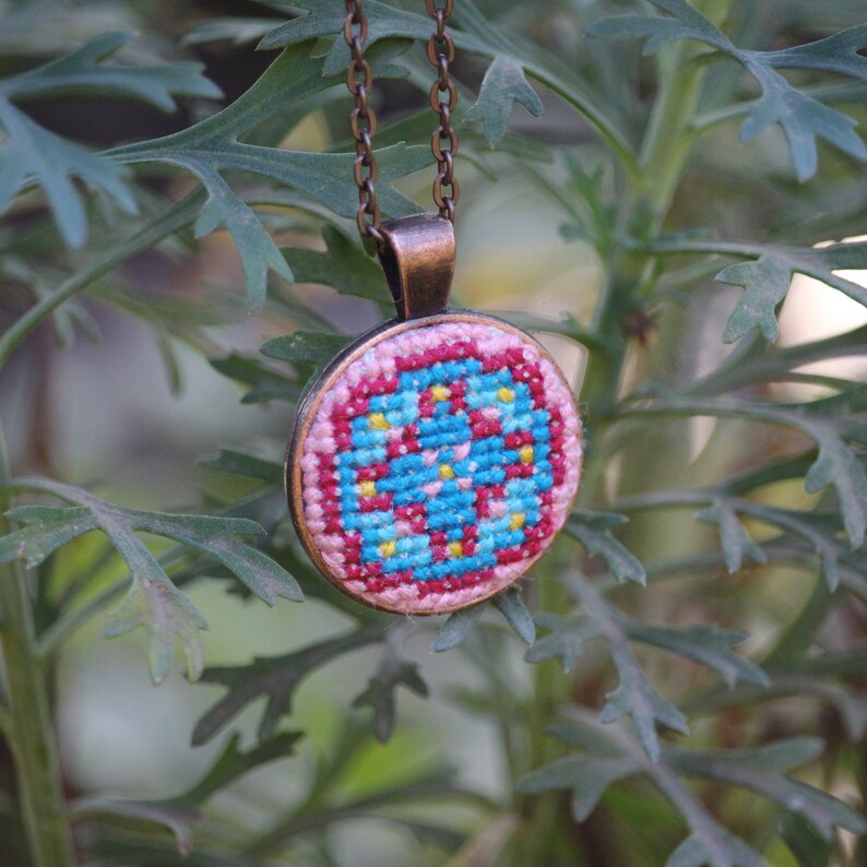 Colorful Ukrainian pendant Cross stitch necklace Embroidered jewelry Ornament multicolour jewelry Folk lover gift Hand embroidery pendant image 4