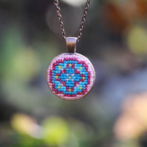 Colorful Ukrainian pendant Cross stitch necklace Embroidered jewelry Ornament multicolour jewelry Folk lover gift Hand embroidery pendant image 7