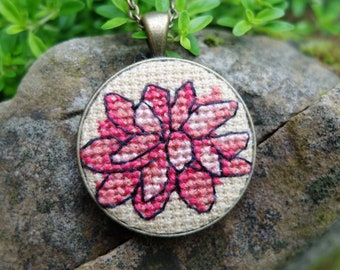 Embroidered Succulent Necklace: Burgundy Cross Stitch Plant Pendant