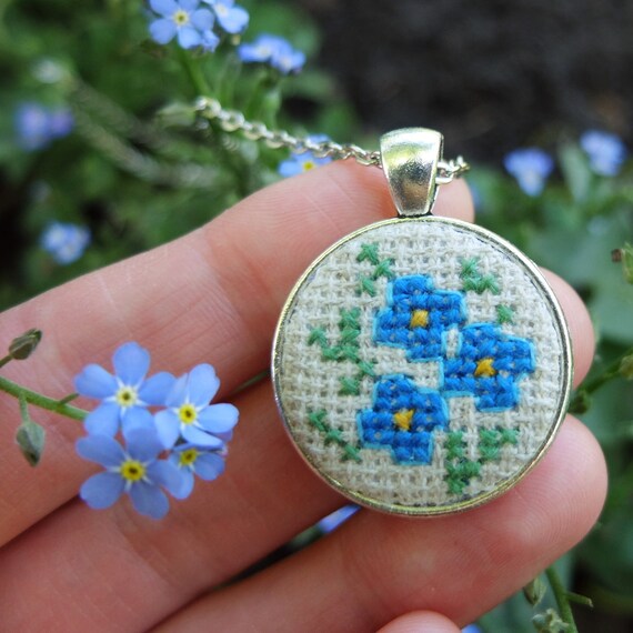 Cross Stitch Necklace Embroidery Necklace Floral Pendant 