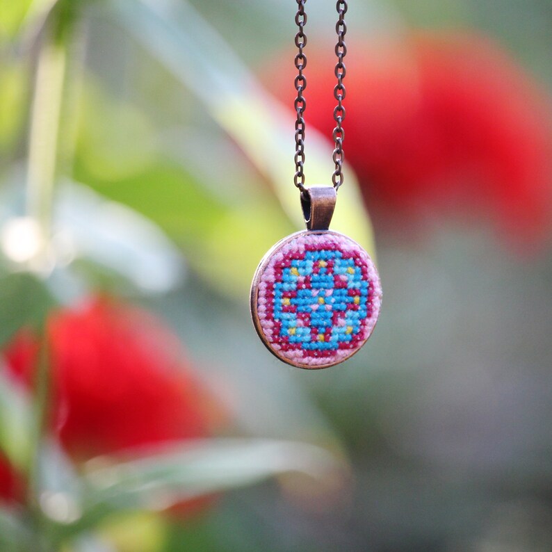 Colorful Ukrainian pendant Cross stitch necklace Embroidered jewelry Ornament multicolour jewelry Folk lover gift Hand embroidery pendant image 9