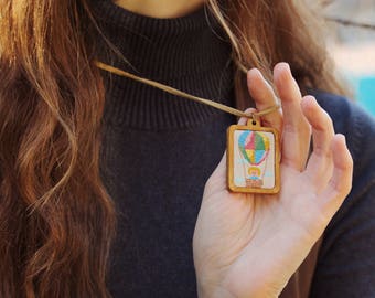 Hand Embroidered Hot Air Balloon Necklace, Wooden Pendant