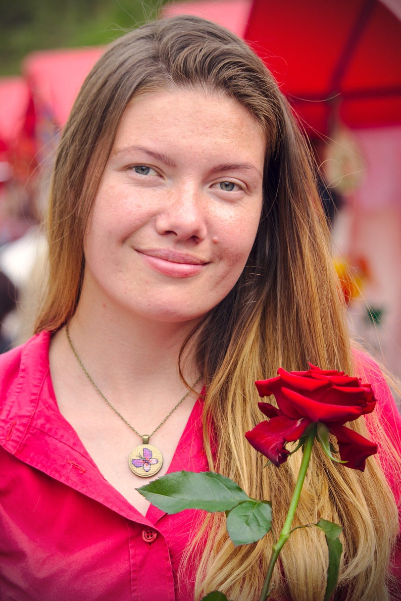 Blue butterfly necklace Purple jewelry Cross stitch pendant Etsy