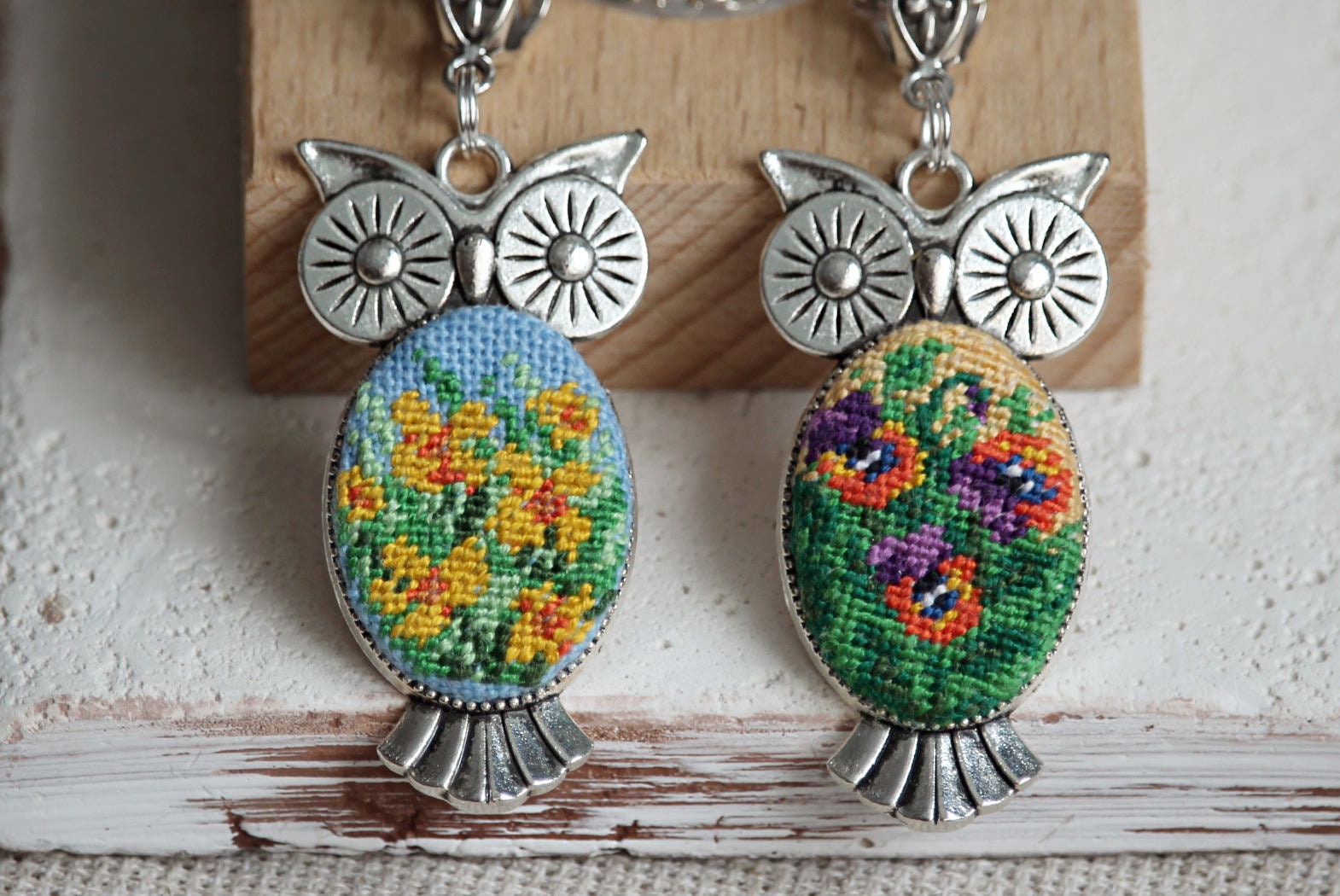 Embroidered Owl Necklace: Pansies or Daffodil Pendant, Floral Jewelry