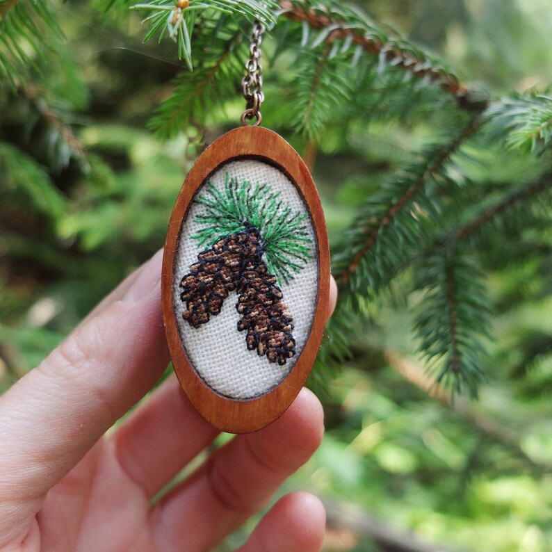 Pine cone necklace Embroidered jewelry Wooden anniversary Pine Etsy