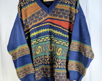 Vintage 80er Jahre Marco Polo's Coogi Style V Neck Pullover Hip Hop 3D Strick Herren Large