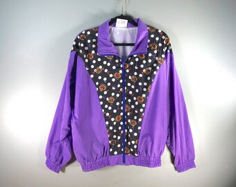 Vintage Polka Dot Color Block Windbreaker,  Full Front Zip Up Jacket, 90s Crest Logo, Purple Black Retro Jacket, Size M