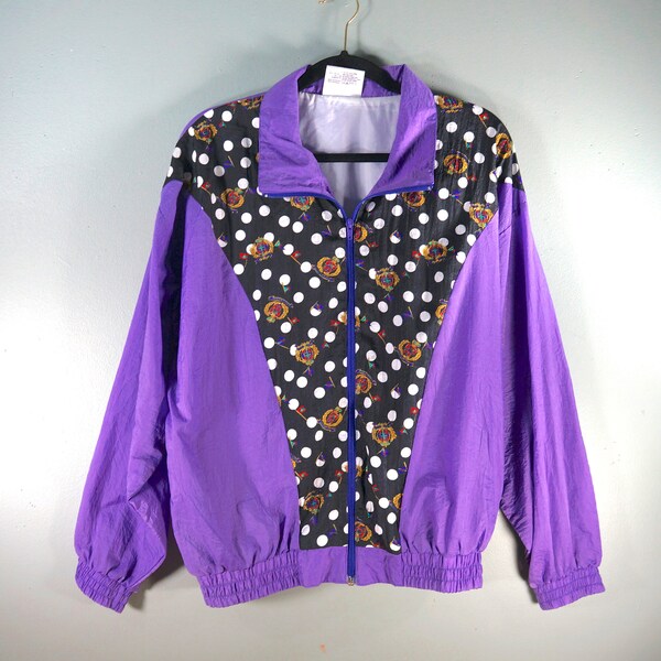 Vintage Polka Dot Color Block Windbreaker,  Full Front Zip Up Jacket, 90s Crest Logo, Purple Black Retro Jacket, Size M