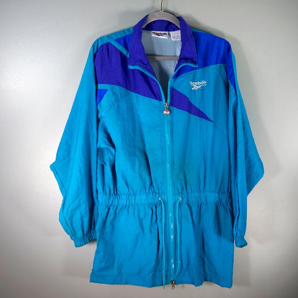 Women’s Vintage 80s Reebok Full Zip Up Windbreaker Jacket, Sz S, Teal and Purple, Multi-Color Colorblock