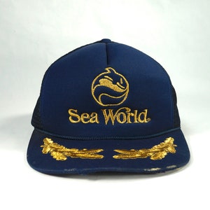 Vintage 1986 Sea World Hat, Snapback Trucker Cap, Mesh Navy Blue Adjustable, Embroidered Logo, Golden Feathers