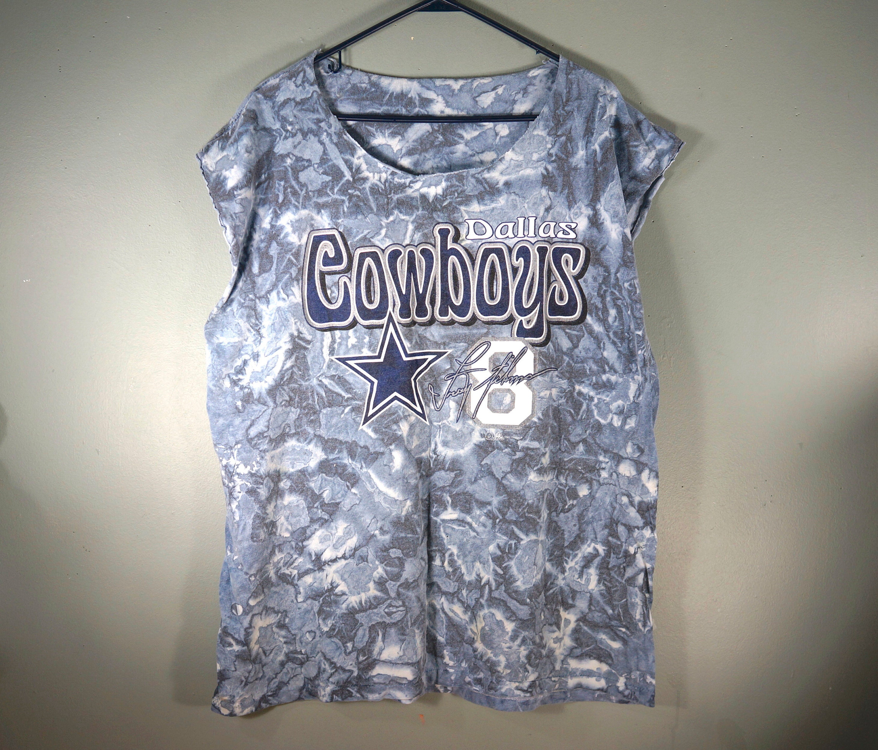 FossilRecordCo Vintage Rare Dallas Cowboys Tie Dye Cut Off T Shirt, 90s Tee, NFL T Shirt