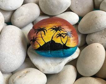 Palm Trees Island Sunset Hand Painted Stone