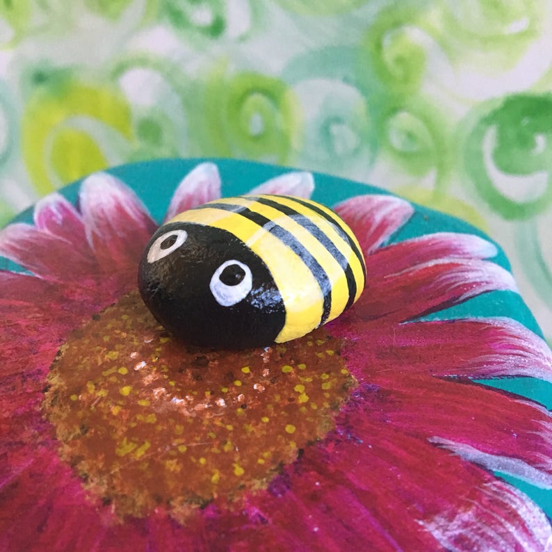 Pollenating Bees on Wildflowers Hand Painted Stones image 1