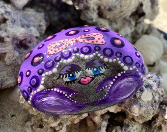 Purple Polkadot Crab With Bow Painted Stone