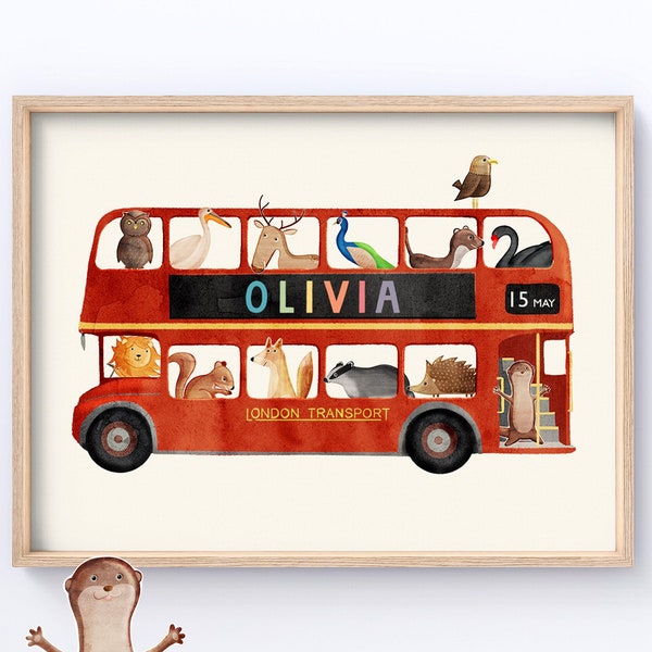 Personalized name sign, London Bus, Nursery Art, children's Print, routemaster, Birthday gift for kids, Digital Download, Child Name Gift