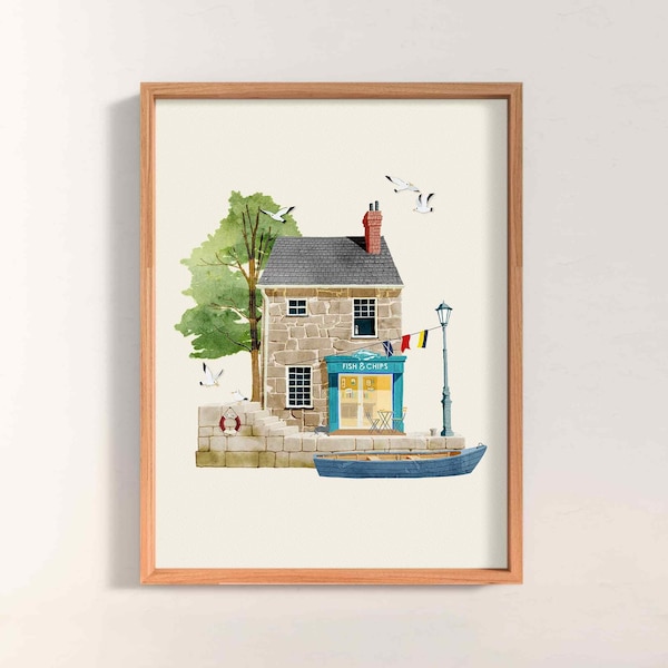 St Ives Print, Cornwall Travel Print, Watercolour House illustration, Children's Print, Iconic British, British Theme, Digital Download
