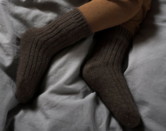 Yak wool kids ribbed bed socks - earth brown